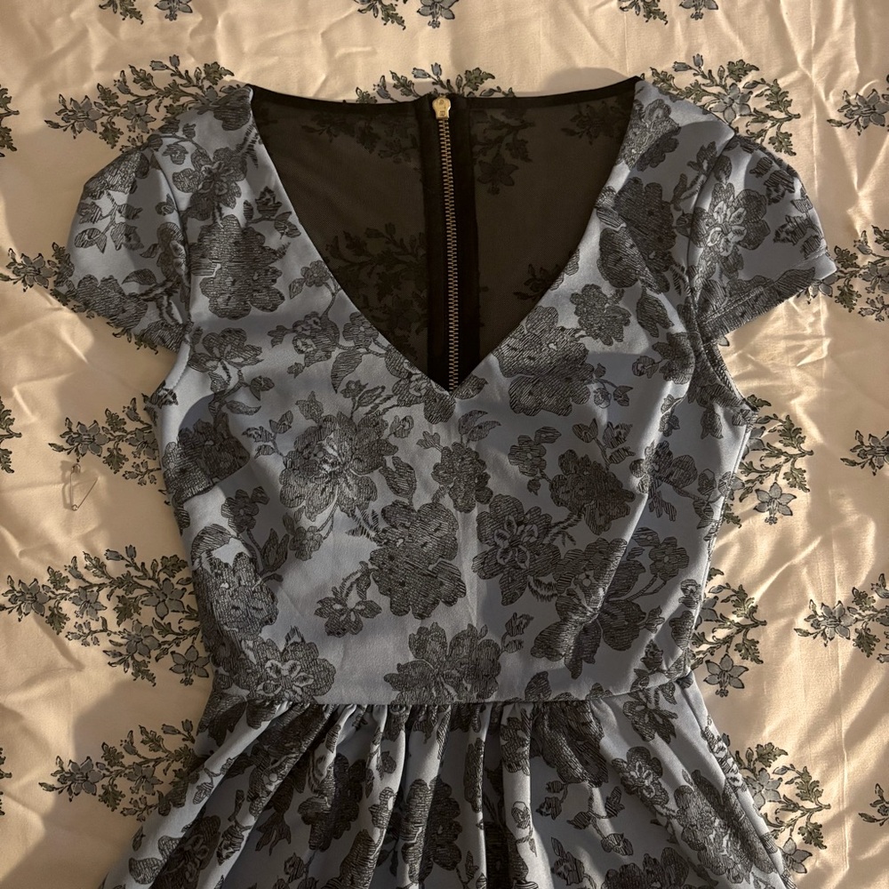 B Darlin Blue Floral Fit and Flare Dress with Flutter Sleeves